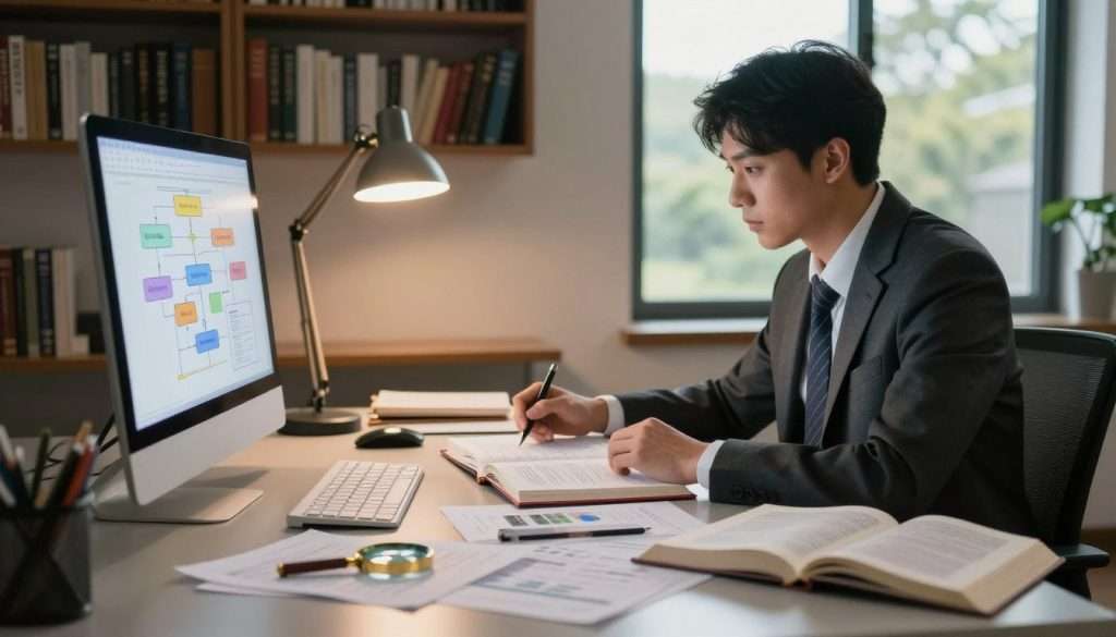 A professional individual in business attire sits at a sleek desk scattered with open books and papers, deeply focused on a bright, illuminated screen displaying a flowchart. The foreground features detailed notes and a magnifying glass, symbolizing the meticulous process of identifying knowledge gaps. In the middle ground, soft shadows cast by a nearby lamp create a warm, inviting atmosphere, while bookshelves filled with various academic texts provide a sense of depth. In the background, a window showcases a serene outdoor scene bathed in natural light, representing enlightenment and clarity. The overall mood is one of introspective concentration and commitment to learning, captured in a high-resolution image with a wide-angle lens to emphasize the workspace.
