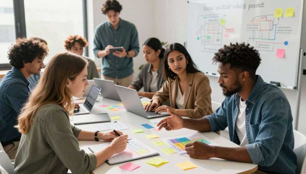 A professional setting depicting a group of diverse individuals collaboratively engaged in overcoming blurting challenges. In the foreground, two people, a Caucasian woman and a Black man, are seated at a round table, animatedly discussing ideas while examining colorful charts and sticky notes scattered around them. The middle layer features other team members, a South Asian woman in business attire and a Hispanic man in casual clothing, brainstorming while typing on laptops. In the background, a whiteboard filled with diagrams outlines common obstacles associated with the blurting method. Natural light streams through large windows, casting a warm glow over the scene, creating an atmosphere of collaboration and innovation. The focus is on teamwork and problem-solving, highlighted by vibrant colors and engaged expressions. A professional setting depicting a group of diverse individuals collaboratively engaged in overcoming blurting challenges. In the foreground, two people, a Caucasian woman and a Black man, are seated at a round table, animatedly discussing ideas while examining colorful charts and sticky notes scattered around them. The middle layer features other team members, a South Asian woman in business attire and a Hispanic man in casual clothing, brainstorming while typing on laptops. In the background, a whiteboard filled with diagrams outlines common obstacles associated with the blurting method. Natural light streams through large windows, casting a warm glow over the scene, creating an atmosphere of collaboration and innovation. The focus is on teamwork and problem-solving, highlighted by vibrant colors and engaged expressions.