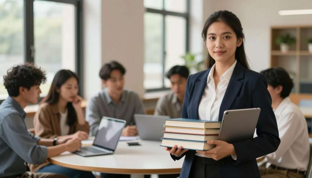 A professional woman in business attire is standing confidently in the foreground, holding a stack of books in one hand and a digital tablet in the other, symbolizing the blend of traditional and modern learning. In the middle ground, a diverse group of people is engaged in collaboration, discussing ideas at a round table filled with laptops and notepads, illustrating teamwork and collective growth. The background features a university-like setting with large windows that allow natural light to pour in, creating a warm and inviting atmosphere. Soft lighting highlights the faces of the individuals, reflecting their engagement and curiosity. The overall mood is inspirational and dynamic, capturing the essence of ongoing education and career advancement through a commitment to learning. A professional woman in business attire is standing confidently in the foreground, holding a stack of books in one hand and a digital tablet in the other, symbolizing the blend of traditional and modern learning. In the middle ground, a diverse group of people is engaged in collaboration, discussing ideas at a round table filled with laptops and notepads, illustrating teamwork and collective growth. The background features a university-like setting with large windows that allow natural light to pour in, creating a warm and inviting atmosphere. Soft lighting highlights the faces of the individuals, reflecting their engagement and curiosity. The overall mood is inspirational and dynamic, capturing the essence of ongoing education and career advancement through a commitment to learning.
