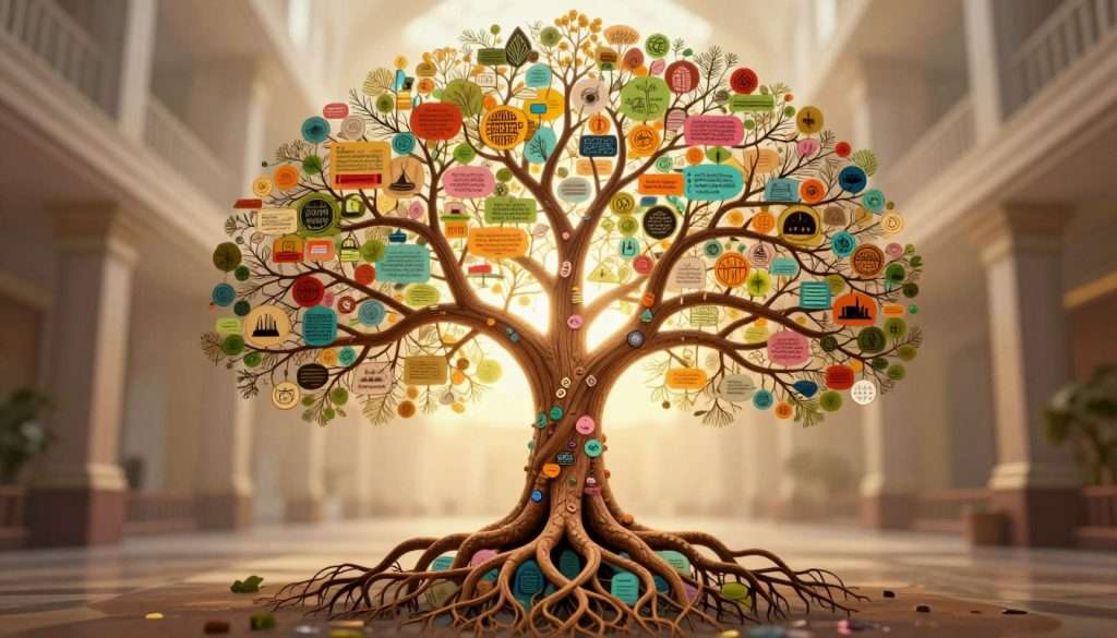 A richly detailed semantic tree structure dominates the foreground, its branches elegantly branching out into interconnected ideas and concepts. The tree's roots, representing foundational knowledge, intertwine with vibrant colors, showcasing various areas of study. The middle ground features a softly glowing light illuminating the tree, creating a sense of focus and clarity. In the background, a blurred silhouette of an abstract academic environment, suggesting scholarly pursuit, enhances the theme of understanding and exploration. The atmosphere is inviting and enlightening, with warm tones that evoke a sense of discovery. The image should be captured from a low angle, emphasizing the grandeur of the tree while allowing for a wide view of its intricate connections. No text or overlays should distract from the visual representation of knowledge and insight.