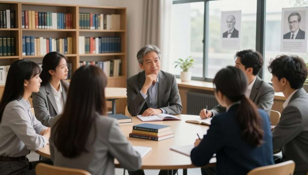 A serene and focused classroom scene, showcasing the Socratic Method in action. In the foreground, a diverse group of students (in professional business attire) engaged in a lively discussion, seated around a round table filled with books and notebooks, their expressions curious and engaged. In the middle, a teacher, a middle-aged person, is thoughtfully asking a question, with warm lighting highlighting their face, creating an inviting atmosphere. In the background, shelves lined with philosophy texts and educational posters depicting famous philosophers, adding depth and context. The scene captures an interactive learning environment, emphasizing collaborative dialogue and critical thinking, with soft natural light streaming in through large windows, creating an inspiring ambiance.