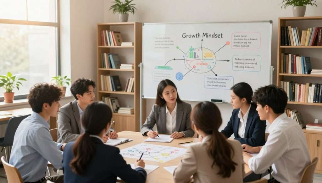 A serene and inspiring classroom setting, foreground features a diverse group of motivated learners, focused on a collaborative project at a large table, dressed in professional business attire. In the middle, a large whiteboard displays colorful diagrams and inspirational quotes about growth mindset and lifelong learning. The background shows bookshelves filled with a variety of books, plants, and a large window allowing warm, soft sunlight to flood the room, creating a bright and inviting atmosphere. Capture the scene in a slightly elevated angle to emphasize teamwork and engagement. The mood is uplifting and optimistic, symbolizing the joy and process of learning. A serene and inspiring classroom setting, foreground features a diverse group of motivated learners, focused on a collaborative project at a large table, dressed in professional business attire. In the middle, a large whiteboard displays colorful diagrams and inspirational quotes about growth mindset and lifelong learning. The background shows bookshelves filled with a variety of books, plants, and a large window allowing warm, soft sunlight to flood the room, creating a bright and inviting atmosphere. Capture the scene in a slightly elevated angle to emphasize teamwork and engagement. The mood is uplifting and optimistic, symbolizing the joy and process of learning.