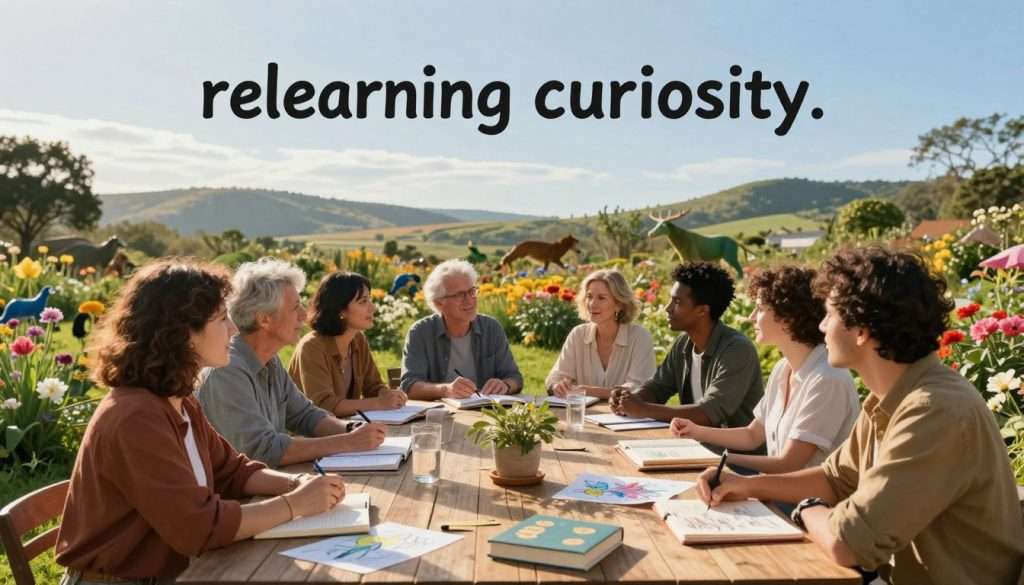 A serene and inviting landscape illustrating the theme of "relearning curiosity." In the foreground, a diverse group of adults in modest casual clothing sit around a wooden table, engaged in animated discussion, surrounded by books and notebooks filled with colorful sketches and notes. The middle ground features a vibrant garden with blooming flowers and playful wildlife, symbolizing exploration and wonder. In the background, soft hills and a clear blue sky create an expansive, uplifting atmosphere. The lighting is warm and golden, reminiscent of a late afternoon, casting gentle shadows that enhance the feeling of connection and inspiration. The overall mood is one of joy, discovery, and openness to new experiences. A serene and inviting landscape illustrating the theme of "relearning curiosity." In the foreground, a diverse group of adults in modest casual clothing sit around a wooden table, engaged in animated discussion, surrounded by books and notebooks filled with colorful sketches and notes. The middle ground features a vibrant garden with blooming flowers and playful wildlife, symbolizing exploration and wonder. In the background, soft hills and a clear blue sky create an expansive, uplifting atmosphere. The lighting is warm and golden, reminiscent of a late afternoon, casting gentle shadows that enhance the feeling of connection and inspiration. The overall mood is one of joy, discovery, and openness to new experiences.