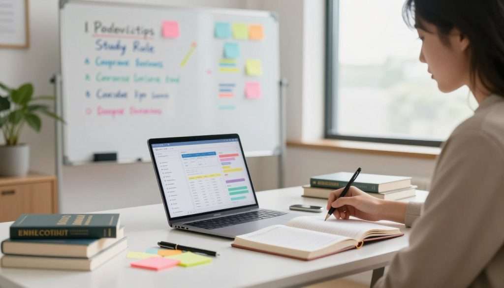A serene and motivating workspace environment showcasing a clean desk with a planner open, colorful sticky notes, and a laptop open to a productivity app. In the foreground, a focused individual in smart-casual attire studies attentively, surrounded by a few foundational books on self-improvement and productivity. In the middle ground, a whiteboard filled with key productivity tips using colorful markers, highlighting the 10-Minute Study Rule. The background features a softly blurred indoor plant and a large window letting in natural light, creating a warm and inviting atmosphere. The lighting is bright yet soft, emphasizing clarity and focus, evoking a mood of inspiration and determination to overcome obstacles in studying.