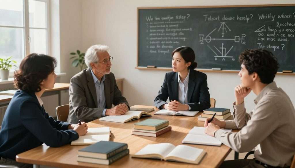 A serene classroom scene illustrating the Socratic method for learning. In the foreground, a diverse group of four adults, dressed in professional attire, engage in a thoughtful discussion around a large wooden table cluttered with books and notebooks, showcasing open dialogue. The middle layer features a chalkboard filled with philosophical questions and diagrams. In the background, warm, natural light streams through a large window, casting soft shadows and creating a cozy yet intellectually stimulating atmosphere. The overall mood is collaborative and inquisitive, emphasizing an environment conducive to exploration and critical thinking. The camera angle captures the group from a slightly elevated perspective, highlighting the dynamic interaction among participants.