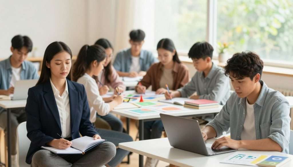 A serene classroom setting filled with diverse students, each engaged in a different type of learning activity. In the foreground, a young woman in professional business attire is practicing mindfulness with a journal, while a young man nearby studies with digital devices, absorbed in a virtual learning environment. In the middle, a group of students collaborates around a table covered with colorful learning materials, like charts, books, and art supplies, reflecting hands-on and visual learning styles. The background features a bright, sunlit window with greenery outside, adding a sense of calm and inspiration. Warm, natural lighting filters through the room, creating a welcoming and motivational atmosphere, enhancing the theme of exploring learning styles and personal strengths. A serene classroom setting filled with diverse students, each engaged in a different type of learning activity. In the foreground, a young woman in professional business attire is practicing mindfulness with a journal, while a young man nearby studies with digital devices, absorbed in a virtual learning environment. In the middle, a group of students collaborates around a table covered with colorful learning materials, like charts, books, and art supplies, reflecting hands-on and visual learning styles. The background features a bright, sunlit window with greenery outside, adding a sense of calm and inspiration. Warm, natural lighting filters through the room, creating a welcoming and motivational atmosphere, enhancing the theme of exploring learning styles and personal strengths.