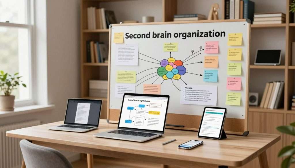 A serene home office environment showcasing the concept of "second brain organization." In the foreground, a neatly organized desk features an array of digital devices: a laptop, tablet, and smartphone displaying interconnected notes and ideas. A cozy chair sits beside the desk, inviting productivity. In the middle ground, a large corkboard or whiteboard is filled with colorful sticky notes, mind maps, and visual diagrams, illustrating the flow of thought and knowledge organization. The background displays a bookshelf filled with neatly arranged books and digital tools, symbolizing knowledge acquisition. Soft, natural lighting streams through a window, creating a calm and inspiring atmosphere. The scene captures a sense of creativity and order, emphasizing the importance of organization in managing digital knowledge.