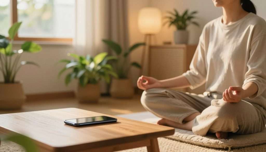 A serene indoor scene showcasing a peaceful digital detox ritual. In the foreground, a person wearing comfortable, modest casual clothing sits cross-legged on a soft, thick mat, peacefully meditating with eyes closed. Their smartphone is placed face down on a wooden table nearby, symbolizing a break from technology. The middle of the scene features lush indoor plants and natural elements, creating a calming environment. In the background, a softly lit window emits warm, golden sunlight filtering through sheer curtains, casting gentle shadows. The atmosphere is tranquil and focused, inviting viewers to imagine a moment of relaxation away from screens. Use a soft-focus lens to emphasize the serenity and warmth of the space, enhancing the overall calmness and inviting connection to the theme of digital detox. A serene indoor scene showcasing a peaceful digital detox ritual. In the foreground, a person wearing comfortable, modest casual clothing sits cross-legged on a soft, thick mat, peacefully meditating with eyes closed. Their smartphone is placed face down on a wooden table nearby, symbolizing a break from technology. The middle of the scene features lush indoor plants and natural elements, creating a calming environment. In the background, a softly lit window emits warm, golden sunlight filtering through sheer curtains, casting gentle shadows. The atmosphere is tranquil and focused, inviting viewers to imagine a moment of relaxation away from screens. Use a soft-focus lens to emphasize the serenity and warmth of the space, enhancing the overall calmness and inviting connection to the theme of digital detox.