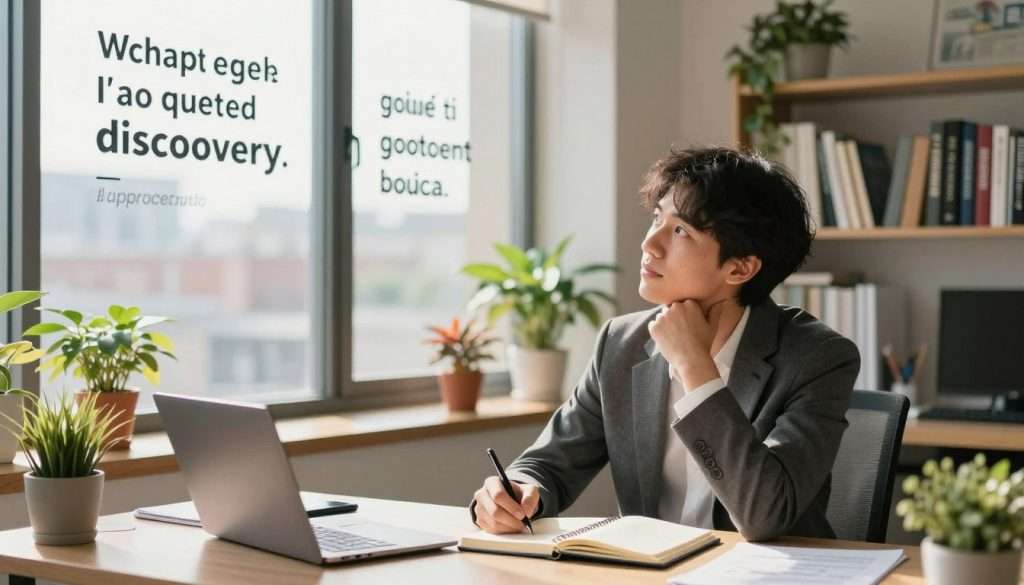 A serene office environment with a young professional in business attire, sitting at a desk surrounded by motivational quotes and colorful plants. In the foreground, the individual is writing in a journal, reflecting a moment of self-discovery, with a thoughtful expression on their face. In the middle ground, a large window illuminates the space with soft, natural light, casting gentle shadows. Outside, a cityscape can be seen, symbolizing opportunities and growth. The background features a bookshelf filled with books about growth mindset and personal development. The atmosphere is uplifting and encouraging, showcasing a journey towards embracing challenges and overcoming limitations. The scene should be captured in a warm, inviting color palette, creating a sense of hope and possibility.