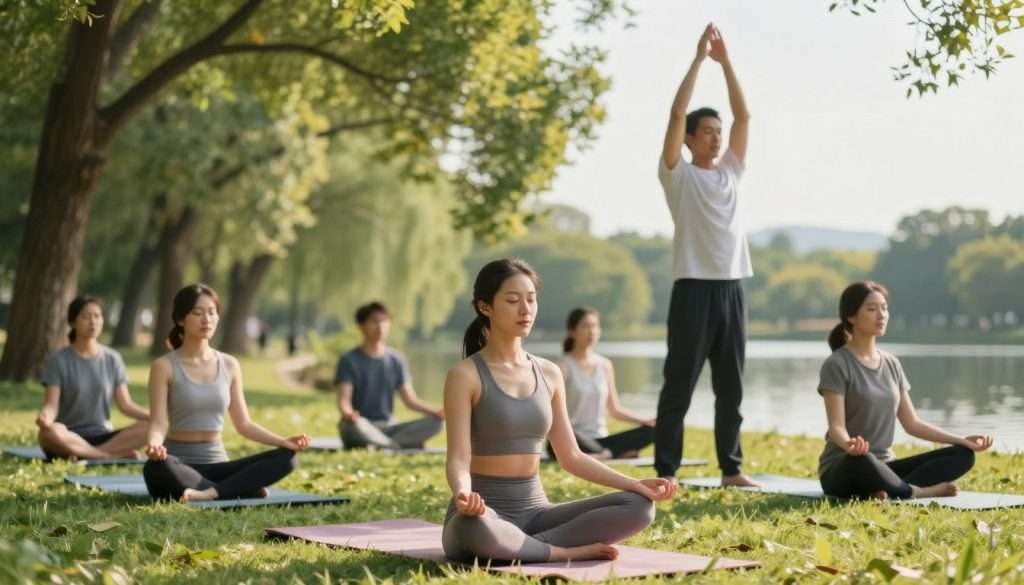 A serene outdoor setting featuring a diverse group of individuals engaged in mindfulness exercises. In the foreground, a woman in modest athletic clothing sits cross-legged on a yoga mat, eyes closed, embodying tranquility. Nearby, a man stands with arms raised in a gentle stretch, illustrating focus and grace. The lush greenery of a park fills the middle ground, with soft sunlight filtering through leaves, casting dappled shadows. In the background, a peaceful lake reflects the calm sky, enhancing the atmosphere of mental clarity. The scene evokes a sense of relaxation and rejuvenation, emphasizing the importance of mental cleansing rituals. Use soft, natural lighting to create a warm and inviting mood, shot with a shallow depth of field to draw attention to the mindful participants. A serene outdoor setting featuring a diverse group of individuals engaged in mindfulness exercises. In the foreground, a woman in modest athletic clothing sits cross-legged on a yoga mat, eyes closed, embodying tranquility. Nearby, a man stands with arms raised in a gentle stretch, illustrating focus and grace. The lush greenery of a park fills the middle ground, with soft sunlight filtering through leaves, casting dappled shadows. In the background, a peaceful lake reflects the calm sky, enhancing the atmosphere of mental clarity. The scene evokes a sense of relaxation and rejuvenation, emphasizing the importance of mental cleansing rituals. Use soft, natural lighting to create a warm and inviting mood, shot with a shallow depth of field to draw attention to the mindful participants.