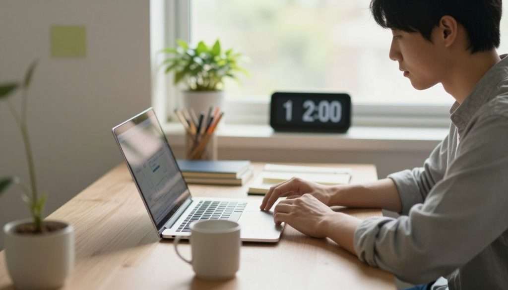 A serene study environment featuring a desk with a sleek laptop, open notebooks, and a coffee mug. In the foreground, a focused student wearing casual yet professional attire is engaged in deep concentration, surrounded by minimal distractions. The middle layer showcases organized stationery, a plant for a touch of nature, and a digital clock displaying a focused work session. In the background, soft natural light filters through a window, creating a warm and inviting atmosphere. A subtle bokeh effect enhances the feel of productivity, while a gentle color palette emphasizes calmness and clarity. The overall mood should evoke a sense of tranquility and determination, embodying the essence of distraction-free learning. A serene study environment featuring a desk with a sleek laptop, open notebooks, and a coffee mug. In the foreground, a focused student wearing casual yet professional attire is engaged in deep concentration, surrounded by minimal distractions. The middle layer showcases organized stationery, a plant for a touch of nature, and a digital clock displaying a focused work session. In the background, soft natural light filters through a window, creating a warm and inviting atmosphere. A subtle bokeh effect enhances the feel of productivity, while a gentle color palette emphasizes calmness and clarity. The overall mood should evoke a sense of tranquility and determination, embodying the essence of distraction-free learning.
