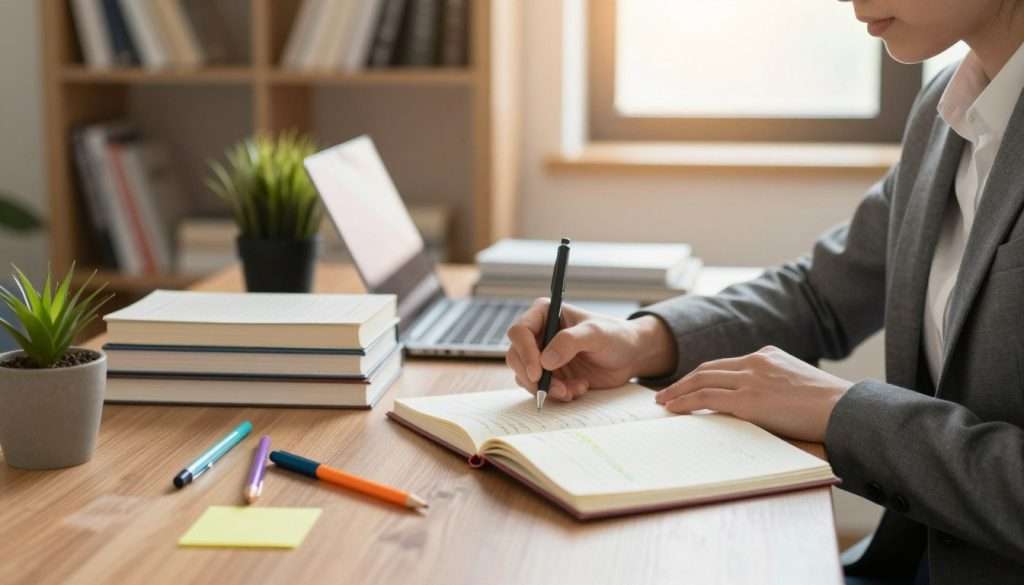 A serene study environment featuring a wooden desk with an open notebook and colorful stationery scattered around. In the foreground, a person in professional business attire is engaged in focused study, writing notes, and highlighting key concepts. The middle ground shows various textbooks and a laptop, while a small potted plant adds a touch of nature. In the background, a well-organized bookshelf filled with books and a warm, inviting window allowing soft, natural light to flood the room. The atmosphere is calm and productive, conveying a sense of concentration and dedication to learning. The image should evoke motivation and clarity while maintaining a professional ambiance, using soft lighting to enhance the mood without any distractions.