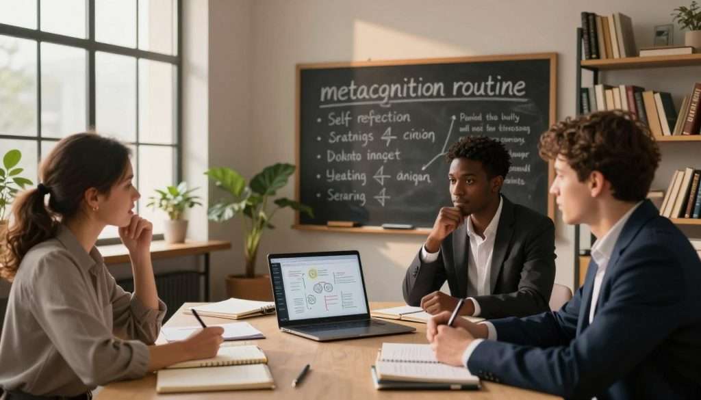 A serene study environment illustrating the concept of "metacognition routine." In the foreground, a diverse group of three individuals, a woman in a smart blouse and a man in a sharp blazer, engaging in a reflective discussion around a table cluttered with notebooks, pens, and a laptop displaying charts and mind maps. In the middle, a chalkboard filled with written strategies for self-reflection and learning, a potted plant adding a touch of greenery. The background features warm, ambient lighting filtering through large windows, casting gentle shadows, and shelves lined with books on psychology and education. The overall mood is thoughtful and focused, conveying a sense of empowerment and collaboration in enhancing metacognitive practices.