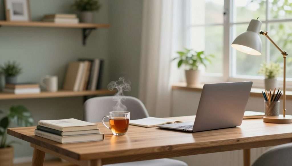 A serene study environment showcasing a well-organized, inviting workspace. In the foreground, a minimalist wooden desk adorned with neatly stacked books, a stylish laptop, and a steaming mug of tea. Soft, warm lighting from a nearby desk lamp creates a cozy atmosphere. In the middle ground, a comfortable chair is positioned near a large window, allowing natural light to flood the room, illuminating green potted plants and a few scattered stationery items. The background features softly blurred shelves filled with books and decorative items, establishing a calm and studious vibe. The colors are soothing—muted greens, warm browns, and soft whites—creating a relaxing yet focused mood ideal for studying.