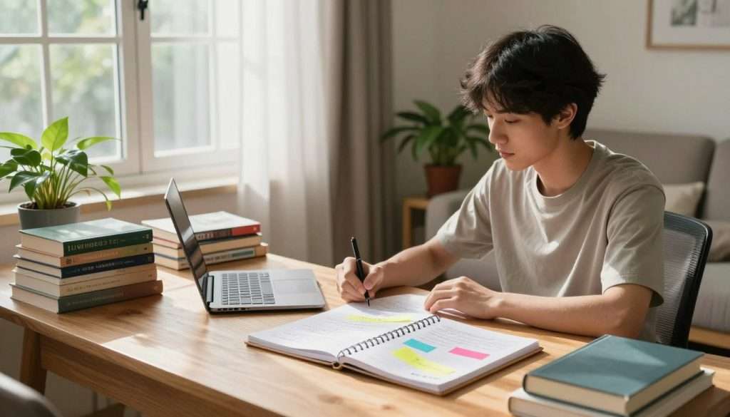 A serene study environment showcasing sustainable study habits, emphasizing calm and focus. In the foreground, a young adult wearing modest casual clothing sits at a well-organized wooden desk, surrounded by neatly stacked books, a laptop, and a vibrant potted plant. The middle ground features natural light streaming in through a large window adorned with sheer curtains, illuminating an open spiral-bound notepad filled with notes and vibrant sticky flags. In the background, a cozy reading nook with a comfortable chair and more greenery adds a peaceful yet inspiring atmosphere. The overall composition captures a sense of tranquility and productivity, inviting viewers to imagine a balanced approach to studying. Soft, warm lighting emphasizes the inviting mood, creating an ideal setting for sustainable learning habits.
