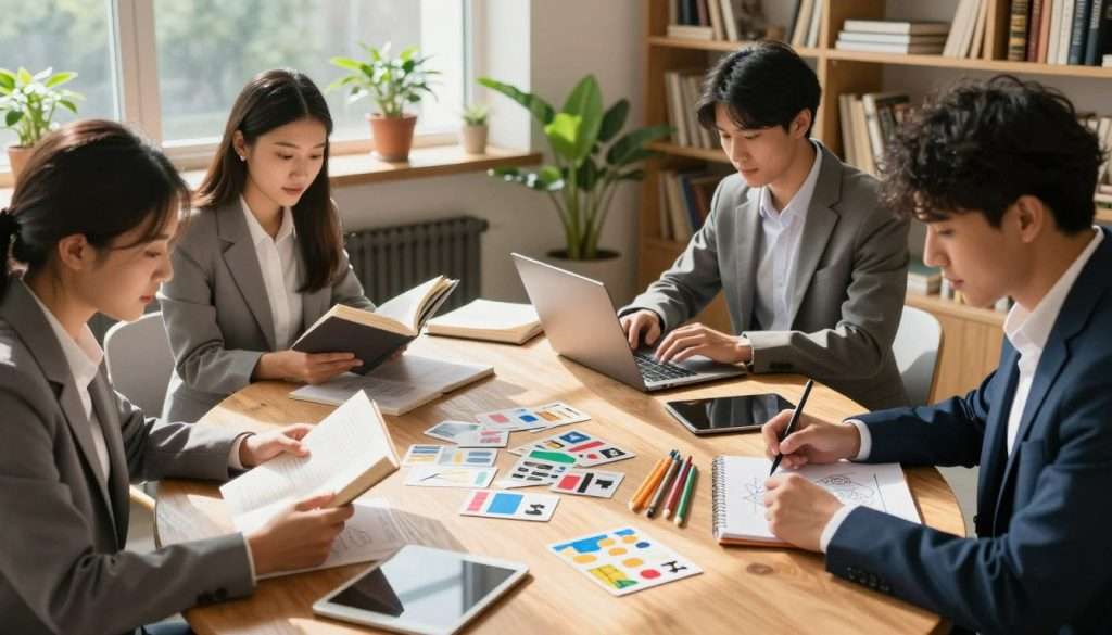 A serene study environment showcasing various learning modalities. In the foreground, a diverse group of three individuals (two men and one woman) dressed in professional business attire, engaged in different activities: one is reading a book, another is using a laptop, and the third is sketching concepts on a notepad. In the middle, a large wooden table with educational tools like flashcards, art supplies, and digital tablets scattered across it. Bright, natural sunlight streams in through a window, illuminating the space and creating a warm atmosphere. The background features shelves filled with books and plants, enhancing the feeling of knowledge and growth. The scene is inviting and motivational, encouraging exploration and passion for learning.