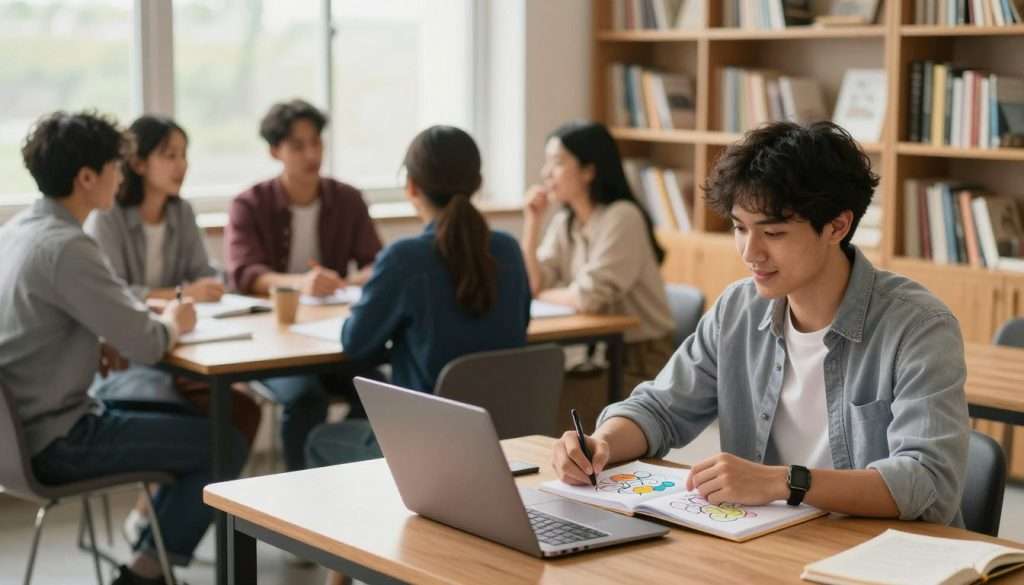 A serene study environment showcasing various learning styles in action. In the foreground, a focused young adult, dressed in professional casual attire, sits at a wooden desk with notebooks and a laptop, illustrating a visual learner through colorful mind maps. In the middle ground, a group of diverse individuals engage in a collaborative discussion, representing auditory learners brainstorming ideas aloud. The background features a well-organized bookshelf filled with educational books and resources, bathed in warm, natural light coming through a large window, creating an inviting atmosphere. The composition captures a sense of exploration and joy in learning, with soft-focus elements enhancing the overall mood. The scene is captured with a slightly elevated angle to provide depth and perspective. A serene study environment showcasing various learning styles in action. In the foreground, a focused young adult, dressed in professional casual attire, sits at a wooden desk with notebooks and a laptop, illustrating a visual learner through colorful mind maps. In the middle ground, a group of diverse individuals engage in a collaborative discussion, representing auditory learners brainstorming ideas aloud. The background features a well-organized bookshelf filled with educational books and resources, bathed in warm, natural light coming through a large window, creating an inviting atmosphere. The composition captures a sense of exploration and joy in learning, with soft-focus elements enhancing the overall mood. The scene is captured with a slightly elevated angle to provide depth and perspective.