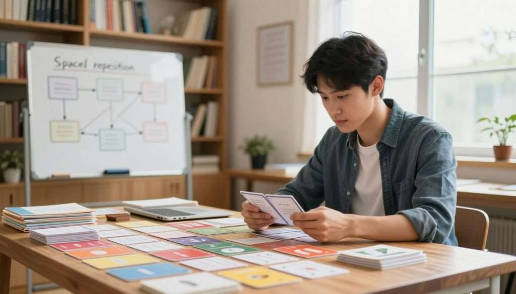 A serene study room filled with an assortment of colorful flashcards, neatly arranged on a wooden desk. In the foreground, a focused young adult, dressed in smart casual attire, is engaged in reviewing cards, showcasing the spaced repetition technique. Their expression is one of concentration and determination. In the middle ground, a whiteboard filled with interconnected diagrams illustrating the concept of spaced repetition and memory retention. In the background, shelves filled with books reflect a cozy learning environment, bathed in warm, natural light from a large window. The overall atmosphere conveys a sense of productivity and intellectual curiosity, with a slight depth of field creating a soft blur around the edges to emphasize the subject.
