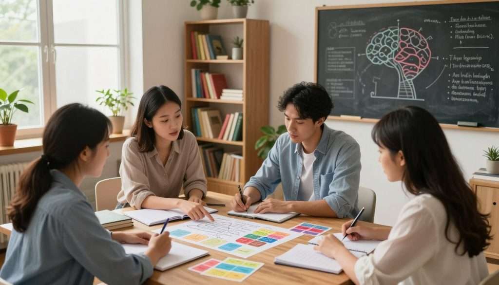 A serene study room filled with shelves of colorful books and plants, illuminated by warm, soft light from a large window. In the foreground, a diverse group of three professionals, two women and one man, are engaged in a lively discussion while sitting at a wooden table strewn with notes and flashcards. One woman is pointing to a diagram illustrating spaced repetition, while the man is taking notes, and the second woman is reviewing a colorful mind map. In the background, a chalkboard features intricate charts and cognitive retention techniques. The atmosphere is focused and collaborative, capturing the essence of enhancing retention. The angle is slightly above eye level, offering a clear view of the interaction and surrounding environment, contributing to a motivational and productive vibe.