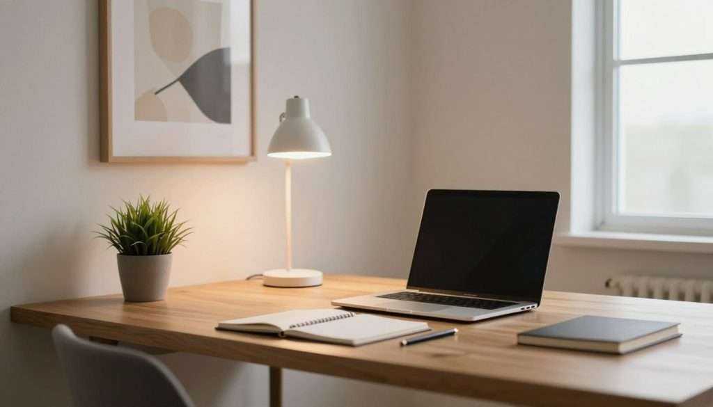 A serene study space embodying digital minimalism, featuring a clean, clutter-free wooden desk with a sleek laptop and minimalist stationery. In the foreground, a neatly arranged potted plant adds a touch of nature, while a stylish, thin notebook rests beside the laptop. In the middle ground, an elegant lamp casts warm, soft light over the workspace, creating a cozy atmosphere. The background showcases a simple, light-colored wall adorned with a single, abstract piece of art that evokes tranquility. Natural light streams in from a large window, bathing the room in a gentle glow. The overall mood is calm and focused, ideal for a student striving to overcome digital distractions and maintain clarity in their studies. Wide-angle perspective, soft focus. A serene study space embodying digital minimalism, featuring a clean, clutter-free wooden desk with a sleek laptop and minimalist stationery. In the foreground, a neatly arranged potted plant adds a touch of nature, while a stylish, thin notebook rests beside the laptop. In the middle ground, an elegant lamp casts warm, soft light over the workspace, creating a cozy atmosphere. The background showcases a simple, light-colored wall adorned with a single, abstract piece of art that evokes tranquility. Natural light streams in from a large window, bathing the room in a gentle glow. The overall mood is calm and focused, ideal for a student striving to overcome digital distractions and maintain clarity in their studies. Wide-angle perspective, soft focus.