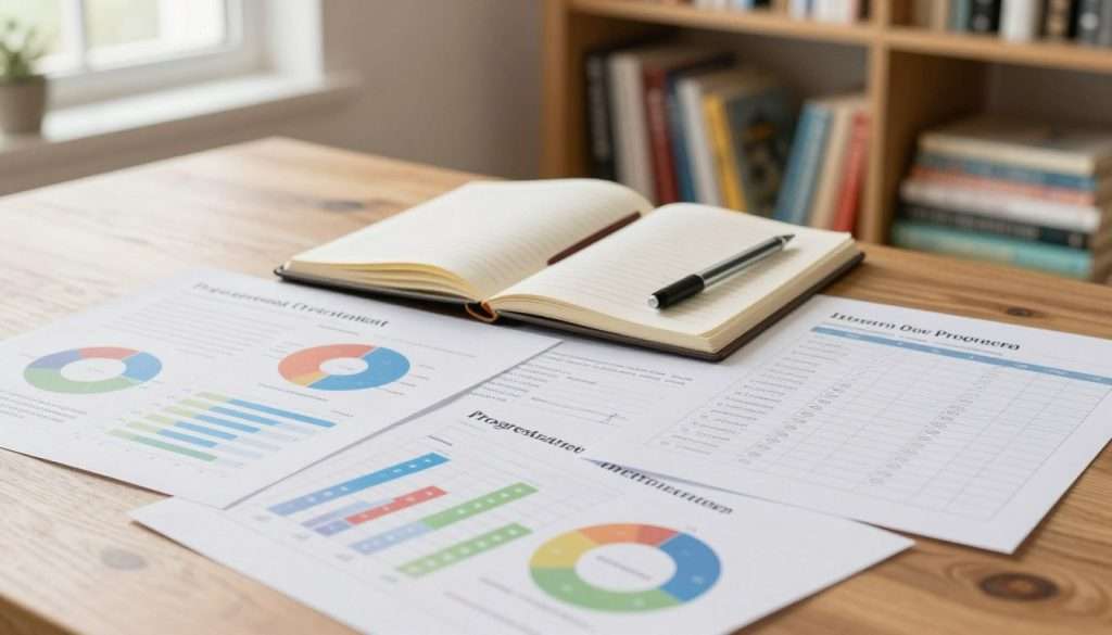 A serene workspace featuring a beautifully arranged table with a collection of progress tracking templates spread out, showcasing various charts, graphs, and checklists. In the foreground, a close-up view highlights a filled-out progress chart with colorful markers demonstrating achievements. In the middle, an open notebook with neatly written notes and a few colored pens indicates active self-education. The background features a soft-focus bookshelf filled with educational materials and motivational books, bathed in warm, natural lighting from a nearby window, conveying an inviting and productive atmosphere. The scene is viewed from a slightly elevated angle to offer depth, inviting viewers to engage with the concept of personal growth and curriculum adaptation.
