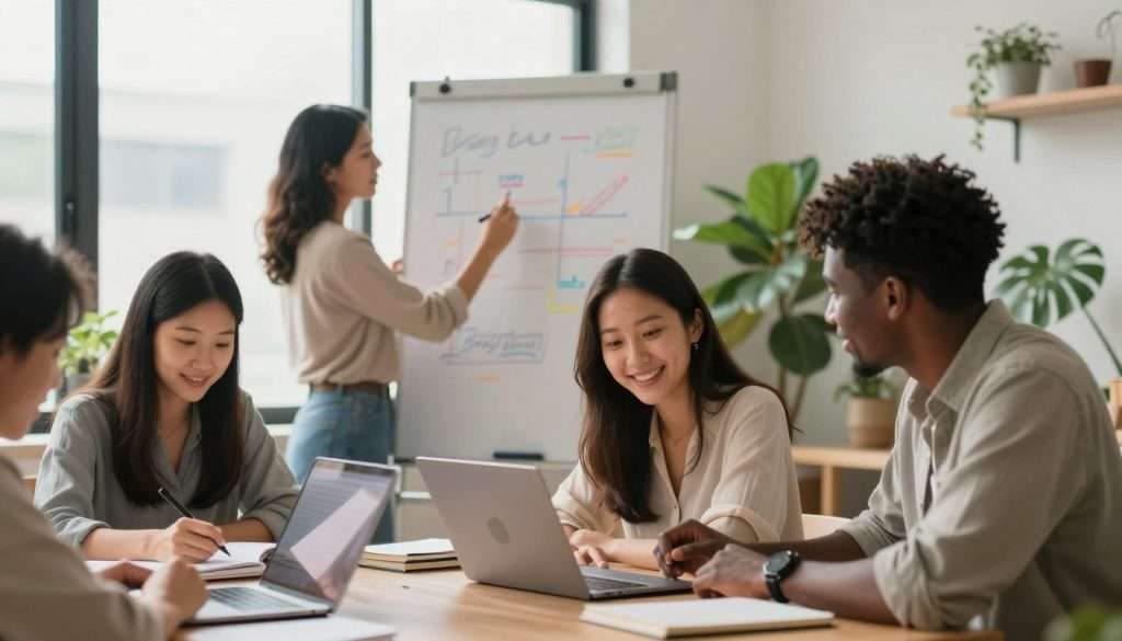 A serene workspace interior featuring a diverse group of three individuals engaged in a collaborative learning session. In the foreground, a woman of Asian descent and a man of African descent are seated at a table, leaning forward with enthusiasm, surrounded by books and laptops. In the middle ground, a Hispanic woman stands at a whiteboard, illustrating ideas with colorful markers. Natural light filters through large windows, creating a warm, inviting atmosphere. A soft focus on indoor plants adds a touch of nature to the background, enhancing the feeling of growth and rejuvenation. The mood is uplifting and inspiring, capturing a moment of discovery and passion for learning, emphasizing the theme of rediscovery and motivation. A serene workspace interior featuring a diverse group of three individuals engaged in a collaborative learning session. In the foreground, a woman of Asian descent and a man of African descent are seated at a table, leaning forward with enthusiasm, surrounded by books and laptops. In the middle ground, a Hispanic woman stands at a whiteboard, illustrating ideas with colorful markers. Natural light filters through large windows, creating a warm, inviting atmosphere. A soft focus on indoor plants adds a touch of nature to the background, enhancing the feeling of growth and rejuvenation. The mood is uplifting and inspiring, capturing a moment of discovery and passion for learning, emphasizing the theme of rediscovery and motivation.