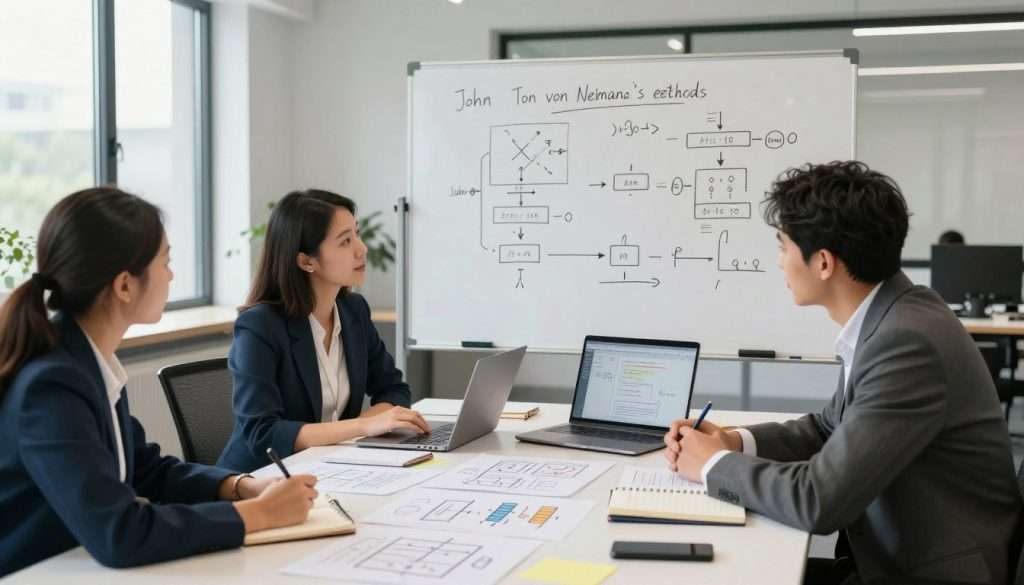 A vibrant and dynamic office environment showcasing the application of John von Neumann's learning methods. In the foreground, two diverse professionals—one woman in a smart blazer, and one man in a tailored suit—are engaged in a collaborative brainstorming session around a large table cluttered with diagrams, notebooks, and a laptop displaying algorithms. The middle ground features a whiteboard filled with complex algorithms and flowcharts, symbolizing von Neumann's theories in action. The background reveals large windows with natural light streaming in, creating a bright and inspiring atmosphere. The mood is focused yet energetic, emphasizing innovation and teamwork. Use soft, diffused lighting to enhance the professional and creative vibe of the room, captured from a slightly elevated angle to showcase the productivity of the workspace.