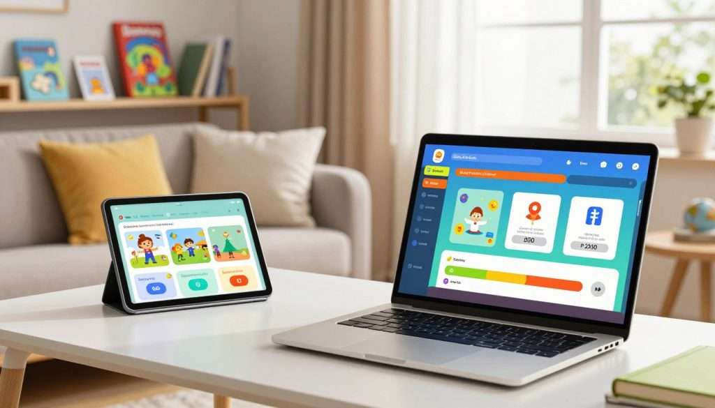 A vibrant and engaging game-based learning system set in a modern, cozy study environment. In the foreground, a sleek desk features an open laptop displaying an interactive learning platform with gamified elements, like colorful progress bars and animated icons. To the side, an elegantly designed tablet showcases educational quizzes and challenges. In the middle ground, a comfortable armchair is adorned with plush pillows, while a shelf holds textbooks and game-like learning tools, such as flashcards and puzzles. The background includes a large window with soft, natural light streaming in, creating a warm, inviting atmosphere. The scene conveys motivation and creativity, with a focus on enhancing the learning experience through gamification. Use soft, diffused lighting to highlight the various elements without harsh shadows. A vibrant and engaging game-based learning system set in a modern, cozy study environment. In the foreground, a sleek desk features an open laptop displaying an interactive learning platform with gamified elements, like colorful progress bars and animated icons. To the side, an elegantly designed tablet showcases educational quizzes and challenges. In the middle ground, a comfortable armchair is adorned with plush pillows, while a shelf holds textbooks and game-like learning tools, such as flashcards and puzzles. The background includes a large window with soft, natural light streaming in, creating a warm, inviting atmosphere. The scene conveys motivation and creativity, with a focus on enhancing the learning experience through gamification. Use soft, diffused lighting to highlight the various elements without harsh shadows.