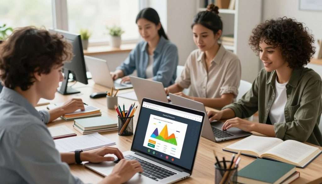A vibrant and engaging online learning platform scene, featuring a diverse group of three individuals in professional business attire or modest casual clothing, actively participating in a virtual classroom setting. In the foreground, focus on a large computer screen displaying colorful educational content. The middle ground features the learners using laptops and tablets, surrounded by books and stationery, reflecting an organized workspace. In the background, a bright, modern room filled with natural light, creating a cozy atmosphere. Soft, warm lighting enhances the sense of possibility and inspiration. Angle the scene slightly from above to capture the interaction and collaboration among the participants, with a focus on their engaged expressions, conveying the excitement of embarking on a learning journey. A vibrant and engaging online learning platform scene, featuring a diverse group of three individuals in professional business attire or modest casual clothing, actively participating in a virtual classroom setting. In the foreground, focus on a large computer screen displaying colorful educational content. The middle ground features the learners using laptops and tablets, surrounded by books and stationery, reflecting an organized workspace. In the background, a bright, modern room filled with natural light, creating a cozy atmosphere. Soft, warm lighting enhances the sense of possibility and inspiration. Angle the scene slightly from above to capture the interaction and collaboration among the participants, with a focus on their engaged expressions, conveying the excitement of embarking on a learning journey.