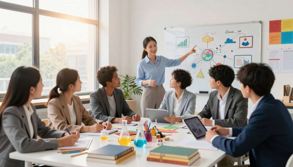 A vibrant and engaging scene illustrating cross-disciplinary learning in a bright, modern classroom. In the foreground, diverse students, dressed in professional business attire, collaborate around a large table covered with books, scientific instruments, art supplies, and digital tablets. In the middle ground, a teacher stands enthusiastically alongside a whiteboard filled with interconnected diagrams and graphs showing the blending of different subjects like science, art, technology, and literature. In the background, large windows let in warm sunlight, creating a lively atmosphere. The room is filled with colorful posters representing various disciplines, enhancing the theme of curiosity and connection. The image should feel inspiring and dynamic, captured from a slight low angle to emphasize engagement and creativity. A vibrant and engaging scene illustrating cross-disciplinary learning in a bright, modern classroom. In the foreground, diverse students, dressed in professional business attire, collaborate around a large table covered with books, scientific instruments, art supplies, and digital tablets. In the middle ground, a teacher stands enthusiastically alongside a whiteboard filled with interconnected diagrams and graphs showing the blending of different subjects like science, art, technology, and literature. In the background, large windows let in warm sunlight, creating a lively atmosphere. The room is filled with colorful posters representing various disciplines, enhancing the theme of curiosity and connection. The image should feel inspiring and dynamic, captured from a slight low angle to emphasize engagement and creativity.