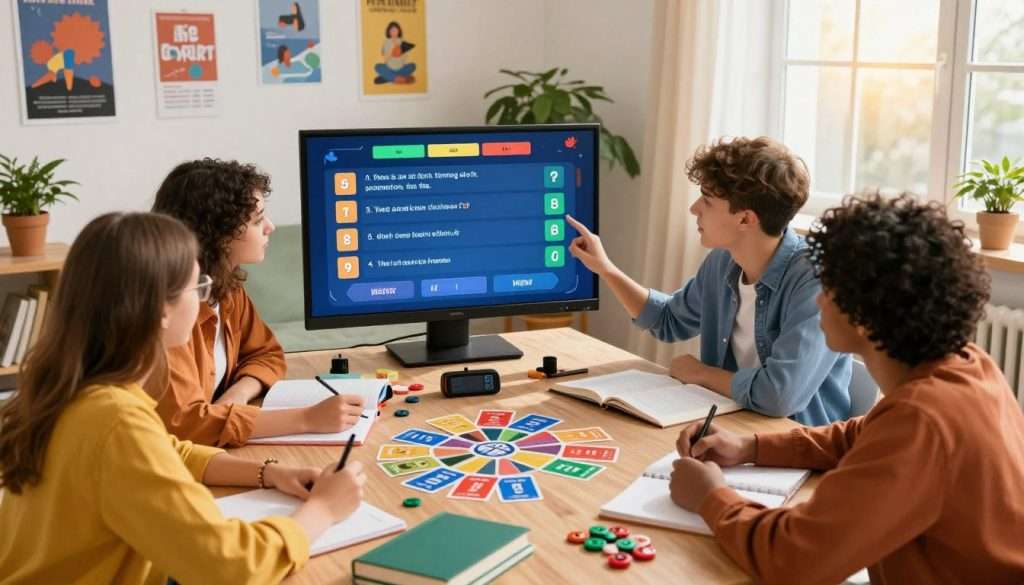A vibrant and engaging study session scene showcasing gamification elements. In the foreground, a diverse group of four students, dressed in casual, colorful clothing, are intensely focused on their studies while interacting with a large, interactive digital board displaying quizzes and game-like challenges. In the middle, various study materials scattered about, including books, notebooks, and colorful flashcards, along with game tokens and a timer, fostering a competitive spirit. The background features a cozy, well-lit study room with inspirational posters on the walls, plants for freshness, and a large window allowing warm sunlight to pour in, creating an inviting atmosphere. The overall mood is energetic and lively, emphasizing collaboration and excitement in learning.