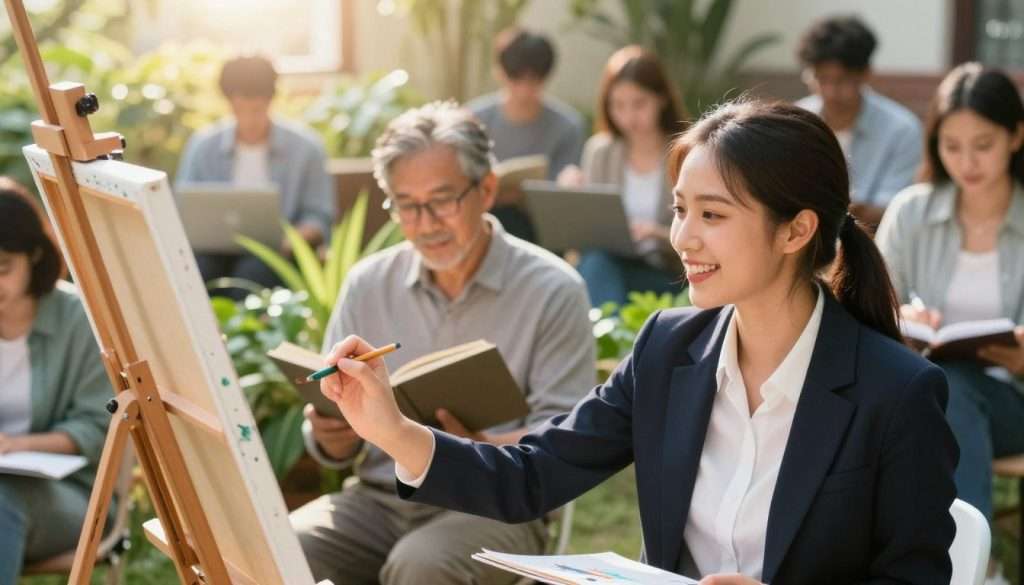 A vibrant and inspiring scene depicting a diverse group of individuals engaged in various forms of learning. In the foreground, a young woman in professional business attire is joyfully painting on a canvas, symbolizing creative expression. In the middle ground, a middle-aged man is reading a book while surrounded by plants, illustrating a connection to nature and personal growth. In the background, a sunny outdoor setting buzzes with people using laptops and sketching, representing collaboration and innovation. Soft sunlight filters through trees, casting a warm glow over the scene, creating an uplifting atmosphere. The mood conveys enthusiasm and passion for learning, encapsulating the idea of rekindling excitement through personal interests and goals.
