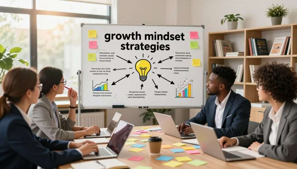 A vibrant and inspiring workspace showcasing "growth mindset strategies." In the foreground, a diverse group of individuals in professional business attire engage in a brainstorming session around a large table filled with colorful sticky notes, open notebooks, and digital devices, illustrating collaboration. In the middle, a large whiteboard displays a mind map of growth mindset strategies, filled with positive phrases and visuals like arrows, light bulbs, and graphs. The background features warm, soft lighting that creates an inviting atmosphere, with bookshelves filled with educational materials and plants enhancing the setting. A large window reveals a bright, sunny day outside, symbolizing optimism and opportunity. The overall mood should be energetic and motivating, emphasizing lifelong learning and success.