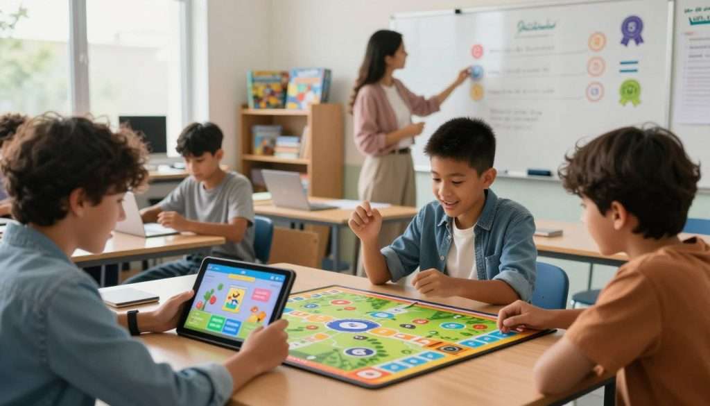 A vibrant classroom scene depicting gamification in education, focused on a group of diverse students, including a mix of genders and ethnicities, engaged in interactive learning through digital devices and game-like activities. In the foreground, a student is excitedly interacting with a tablet displaying colorful educational content, while another collaborates on a project using a bright game board. The middle ground shows a teacher guiding students, with a whiteboard filled with gamified elements like points and badges, symbolizing achievements. The background features shelves full of educational games and technology. Soft, natural lighting filters through large windows, creating an inspiring atmosphere that emphasizes creativity and engagement in learning. The overall mood is energetic and enthusiastic, showcasing the transformative power of gamification in education. A vibrant classroom scene depicting gamification in education, focused on a group of diverse students, including a mix of genders and ethnicities, engaged in interactive learning through digital devices and game-like activities. In the foreground, a student is excitedly interacting with a tablet displaying colorful educational content, while another collaborates on a project using a bright game board. The middle ground shows a teacher guiding students, with a whiteboard filled with gamified elements like points and badges, symbolizing achievements. The background features shelves full of educational games and technology. Soft, natural lighting filters through large windows, creating an inspiring atmosphere that emphasizes creativity and engagement in learning. The overall mood is energetic and enthusiastic, showcasing the transformative power of gamification in education.