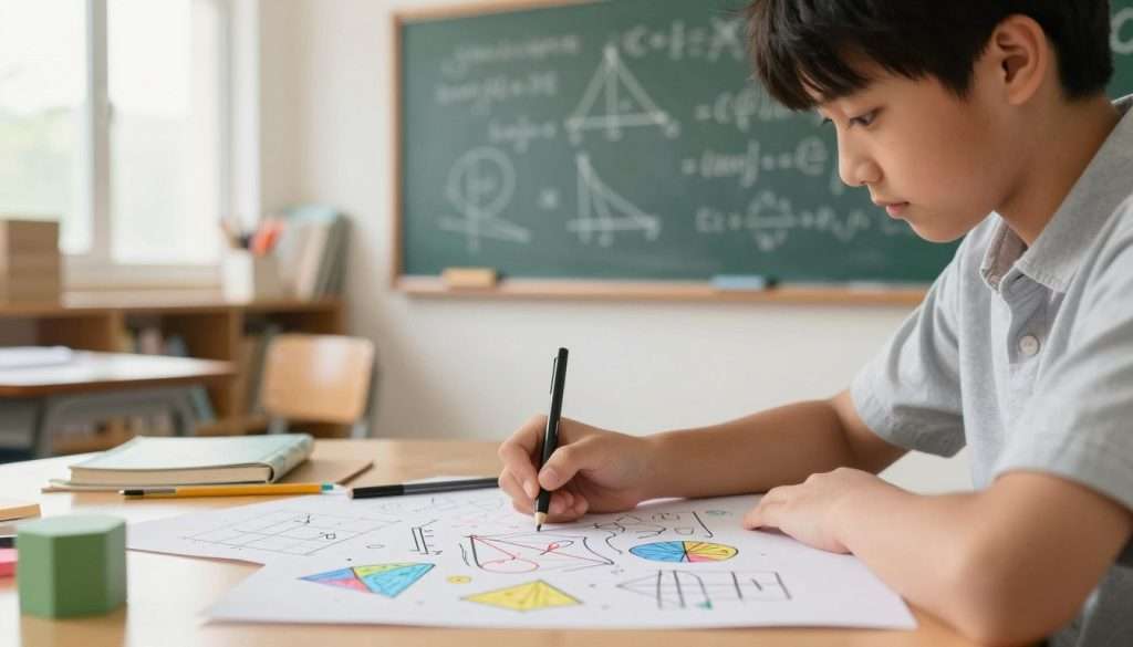 A vibrant classroom scene focusing on a young student at a desk, engaged in doodling mathematical concepts. The foreground features a close-up of the student's colorful sketches, including geometric shapes, graphs, and equations filled with energy and creativity. In the middle ground, a chalkboard displays complex math formulas and diagrams, illuminated by warm, natural light streaming through a window. In the background, shelves filled with math textbooks and drawing materials add depth to the scene. The atmosphere is bright and inspiring, reflecting a sense of enthusiasm for learning. Soft-focus on the background creates a dreamy effect, enhancing the focus on the doodles. The student is dressed in casual, modest clothing, embodying a professional yet approachable vibe. A vibrant classroom scene focusing on a young student at a desk, engaged in doodling mathematical concepts. The foreground features a close-up of the student's colorful sketches, including geometric shapes, graphs, and equations filled with energy and creativity. In the middle ground, a chalkboard displays complex math formulas and diagrams, illuminated by warm, natural light streaming through a window. In the background, shelves filled with math textbooks and drawing materials add depth to the scene. The atmosphere is bright and inspiring, reflecting a sense of enthusiasm for learning. Soft-focus on the background creates a dreamy effect, enhancing the focus on the doodles. The student is dressed in casual, modest clothing, embodying a professional yet approachable vibe.