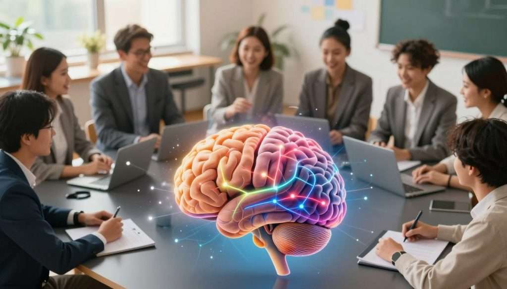 A vibrant, dynamic visualization of brain function during social learning. In the foreground, a stylized brain emanates colorful neural connections, representing the flow of information. The middle layer features diverse individuals engaged in collaborative activities, all wearing professional attire, conveying interaction, communication, and shared knowledge. In the background, a soft-focus classroom or open workspace is visible, bathed in warm, natural light to create an inviting atmosphere. The composition highlights the joy and fulfillment derived from learning in a social context, with an emphasis on connection and engagement. The angle is slightly elevated, providing a comprehensive view of the scene that invites the viewer into the learning experience. The overall mood is inspiring and uplifting, celebrating the pleasure of learning together.