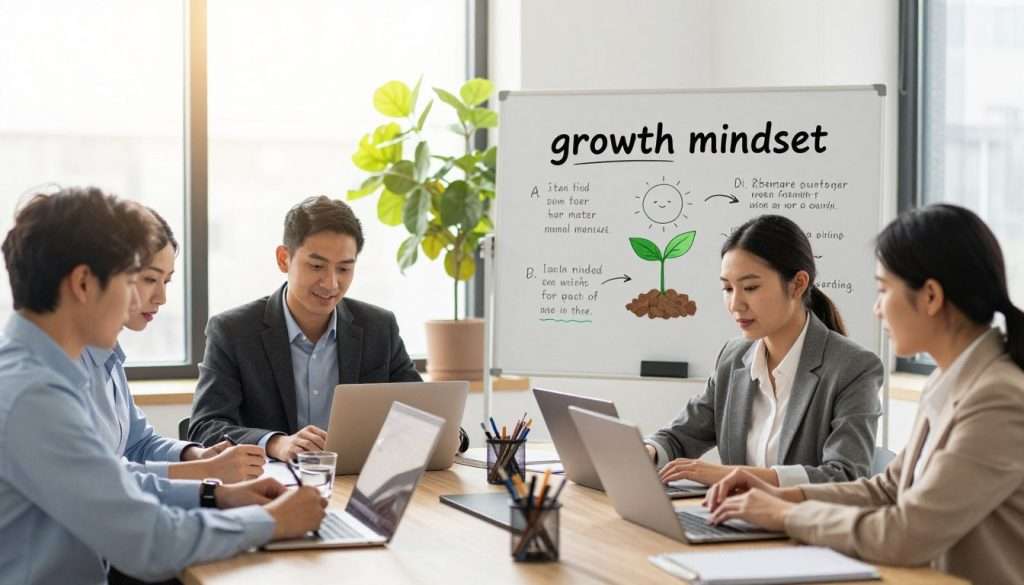 A vibrant, inspiring scene depicting the concept of "growth mindset" across various learning environments. In the foreground, a diverse group of individuals in professional attire actively engaged in collaborative learning, including a business meeting, an online class, and a hands-on workshop. The middle ground features a whiteboard filled with motivational quotes and diagrams illustrating growth principles, along with plants symbolizing growth and renewal. In the background, bright sunlight floods through large windows, creating a warm and uplifting atmosphere. The image should have a soft focus effect to convey a sense of optimism and inspiration. Use natural lighting to highlight the subjects' faces, showcasing determination and enthusiasm toward lifelong learning success.