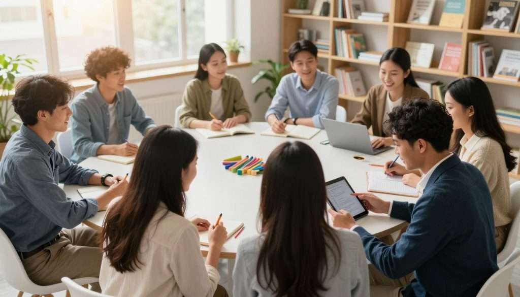A vibrant learning community in a bright, sunlit room filled with diverse individuals engaged in collaborative activities. In the foreground, a group of three people, two women and one man, are focused on a shared tablet, dressed in professional business attire. The middle ground features a round table surrounded by other learners exchanging ideas, with notebooks and colorful pens scattered about. Bookshelves filled with various educational materials provide an inviting backdrop. Large windows let in soft, warm light, creating a welcoming atmosphere filled with joy and enthusiasm for learning. The overall mood is uplifting and inspiring, symbolizing growth and the joy of shared knowledge, captured with a wide-angle lens to emphasize the community spirit. A vibrant learning community in a bright, sunlit room filled with diverse individuals engaged in collaborative activities. In the foreground, a group of three people, two women and one man, are focused on a shared tablet, dressed in professional business attire. The middle ground features a round table surrounded by other learners exchanging ideas, with notebooks and colorful pens scattered about. Bookshelves filled with various educational materials provide an inviting backdrop. Large windows let in soft, warm light, creating a welcoming atmosphere filled with joy and enthusiasm for learning. The overall mood is uplifting and inspiring, symbolizing growth and the joy of shared knowledge, captured with a wide-angle lens to emphasize the community spirit.