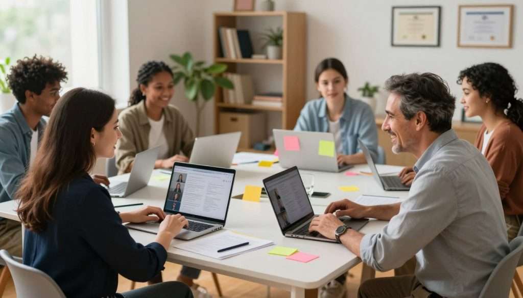 A vibrant online learning community scene featuring a diverse group of adults engaged in collaborative learning. In the foreground, a young woman in professional attire is discussing ideas with a middle-aged man in casual business wear, both smiling and using laptops. In the middle, various individuals from different backgrounds are seated around a large virtual table, sharing their screens and ideas, with colorful sticky notes scattered around. The background showcases a cozy, well-lit room with plants, bookshelves, and framed certificates, enhancing the atmosphere of lifelong learning. Soft, natural lighting filters through a window, creating an inviting and focused environment. The overall mood is positive, encouraging, and inspiring, emphasizing connection and shared knowledge in an online format. A vibrant online learning community scene featuring a diverse group of adults engaged in collaborative learning. In the foreground, a young woman in professional attire is discussing ideas with a middle-aged man in casual business wear, both smiling and using laptops. In the middle, various individuals from different backgrounds are seated around a large virtual table, sharing their screens and ideas, with colorful sticky notes scattered around. The background showcases a cozy, well-lit room with plants, bookshelves, and framed certificates, enhancing the atmosphere of lifelong learning. Soft, natural lighting filters through a window, creating an inviting and focused environment. The overall mood is positive, encouraging, and inspiring, emphasizing connection and shared knowledge in an online format.