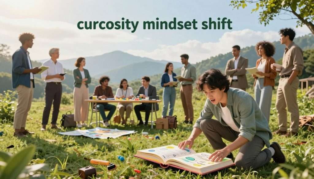 A vibrant scene illustrating a "curiosity mindset shift," featuring a diverse group of professional individuals, dressed in smart casual attire, exploring an open landscape filled with wonder. In the foreground, a person kneels beside a large, colorful book, their face lit up with intrigue as they discover new concepts. In the middle ground, groups of people engage in conversations, sharing ideas over a table with maps, tools, and nature-inspired elements all around. The background reveals distant mountains and lush greenery under a bright, optimistic sky with soft, golden sunlight spilling across the scene. The mood is one of exploration, inspiration, and enlightenment, emphasizing the shift from passive knowledge consumption to active exploration and discovery. Use a wide-angle lens for an immersive perspective. A vibrant scene illustrating a "curiosity mindset shift," featuring a diverse group of professional individuals, dressed in smart casual attire, exploring an open landscape filled with wonder. In the foreground, a person kneels beside a large, colorful book, their face lit up with intrigue as they discover new concepts. In the middle ground, groups of people engage in conversations, sharing ideas over a table with maps, tools, and nature-inspired elements all around. The background reveals distant mountains and lush greenery under a bright, optimistic sky with soft, golden sunlight spilling across the scene. The mood is one of exploration, inspiration, and enlightenment, emphasizing the shift from passive knowledge consumption to active exploration and discovery. Use a wide-angle lens for an immersive perspective.
