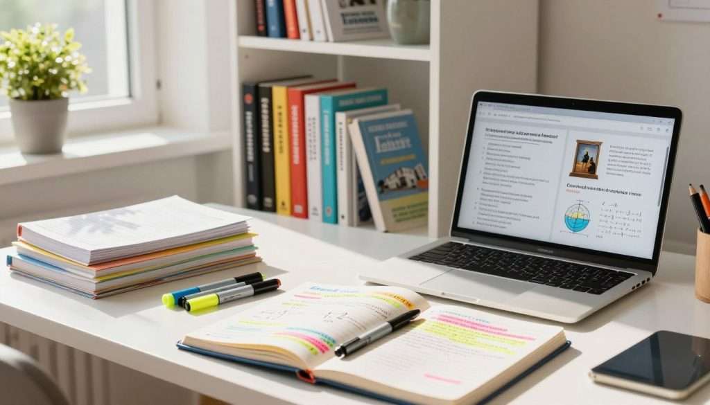 A vibrant study environment showcasing a series of study materials interleaved across a brightly lit modern desk. In the foreground, an open notebook filled with colorful notes and highlight markers, along with a laptop displaying different subjects side by side, like math, history, and science. In the middle, a well-organized bookshelf filled with textbooks and reference guides, suggesting an atmosphere of diverse learning. The background features a large window with natural sunlight pouring in, illuminating the space and creating a warm, inviting feel. A potted plant adds a touch of life, while soft shadows enhance the depth of the scene. The overall atmosphere is focused and energetic, reflecting the synergy of applying interleaving in a study routine. A vibrant study environment showcasing a series of study materials interleaved across a brightly lit modern desk. In the foreground, an open notebook filled with colorful notes and highlight markers, along with a laptop displaying different subjects side by side, like math, history, and science. In the middle, a well-organized bookshelf filled with textbooks and reference guides, suggesting an atmosphere of diverse learning. The background features a large window with natural sunlight pouring in, illuminating the space and creating a warm, inviting feel. A potted plant adds a touch of life, while soft shadows enhance the depth of the scene. The overall atmosphere is focused and energetic, reflecting the synergy of applying interleaving in a study routine.