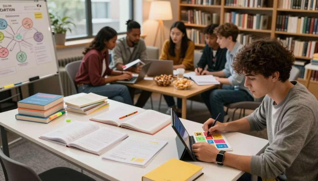 A vibrant study environment showcasing diverse study techniques. In the foreground, a student seated at a desk, dressed in casual clothing, engaged with colorful flashcards and a tablet. The middle features an assortment of study materials, like textbooks, highlighters, and a mind map on a whiteboard. Nearby, a group of diverse students collaborates around a coffee table, surrounded by snacks, laptops, and notes, demonstrating group study dynamics. The background reveals a cozy library setting with shelves of books, warm light filtering through large windows to create a welcoming atmosphere. Soft, focused lighting highlights the students and their materials, capturing a mood of enthusiasm and creativity in learning.