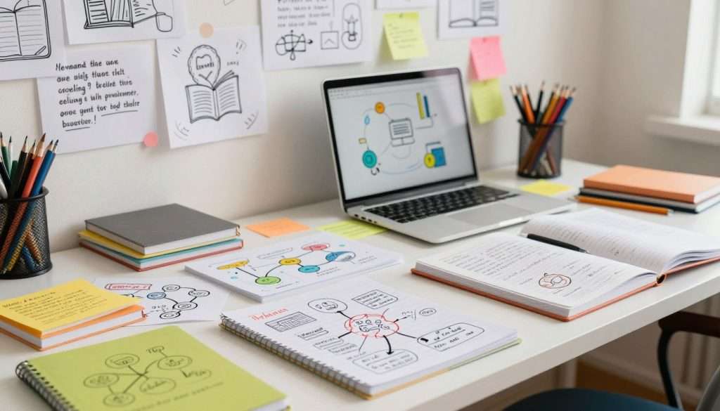 A vibrant workspace filled with creative doodles and sketches that illustrate various techniques for academic success. In the foreground, a close-up of colorful notebooks scattered with handwritten notes and doodled diagrams, including mind maps, flow charts, and visual metaphors. The middle ground features a tidy desk with an open laptop displaying educational icons, alongside studies in progress and colorful sticky notes. In the background, a softly lit wall adorned with inspiring quotes and academic-themed doodles, blending with a warm, inviting atmosphere. The lighting is bright yet soft, creating an optimistic mood. The angle is slightly elevated to capture the entire scene, inviting engagement and curiosity about the world of effective doodling for better grades. A vibrant workspace filled with creative doodles and sketches that illustrate various techniques for academic success. In the foreground, a close-up of colorful notebooks scattered with handwritten notes and doodled diagrams, including mind maps, flow charts, and visual metaphors. The middle ground features a tidy desk with an open laptop displaying educational icons, alongside studies in progress and colorful sticky notes. In the background, a softly lit wall adorned with inspiring quotes and academic-themed doodles, blending with a warm, inviting atmosphere. The lighting is bright yet soft, creating an optimistic mood. The angle is slightly elevated to capture the entire scene, inviting engagement and curiosity about the world of effective doodling for better grades.
