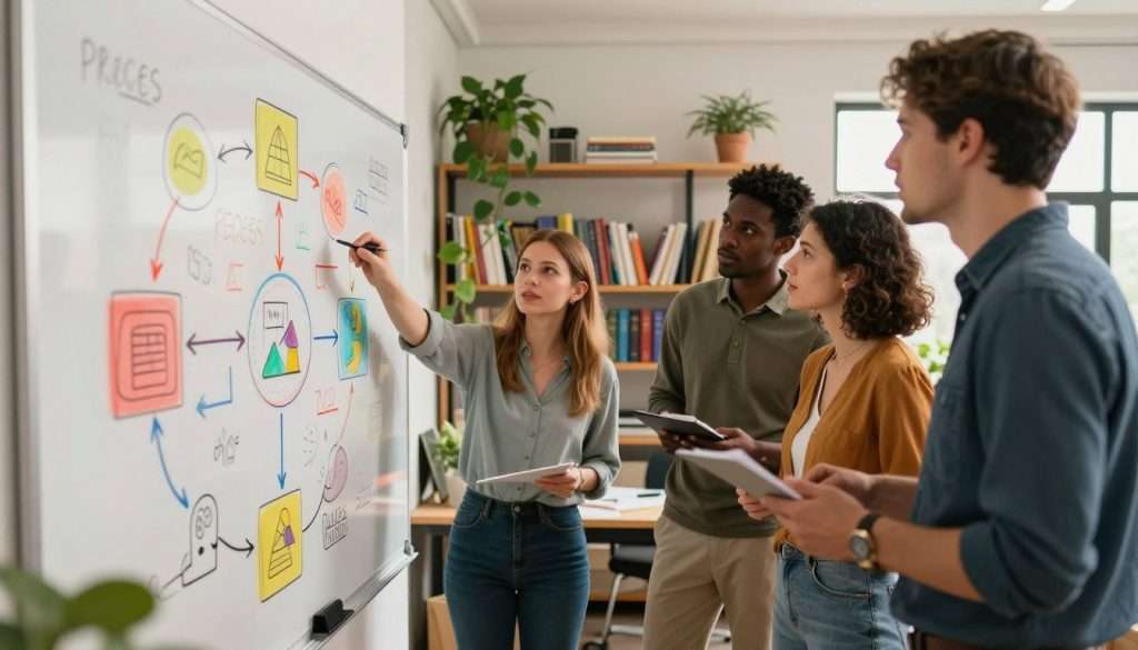 A vibrant workspace, showcasing a colorful process visualization and flowchart on a large whiteboard, framed in the foreground. The flowchart features interconnected arrows, icons, and doodles representing various stages of a project in bright colors, inviting creativity and engagement. In the middle ground, a diverse group of three individuals in professional casual attire—two men and one woman—collaborate enthusiastically, pointing at the whiteboard and discussing ideas. The background reveals shelves filled with books, art supplies, and plants, creating an inspiring atmosphere. Soft natural light filters through a nearby window, casting a warm glow over the scene and enhancing the sense of collaboration and productivity. The overall mood is energetic and motivating, encapsulating the essence of active process visualization. A vibrant workspace, showcasing a colorful process visualization and flowchart on a large whiteboard, framed in the foreground. The flowchart features interconnected arrows, icons, and doodles representing various stages of a project in bright colors, inviting creativity and engagement. In the middle ground, a diverse group of three individuals in professional casual attire—two men and one woman—collaborate enthusiastically, pointing at the whiteboard and discussing ideas. The background reveals shelves filled with books, art supplies, and plants, creating an inspiring atmosphere. Soft natural light filters through a nearby window, casting a warm glow over the scene and enhancing the sense of collaboration and productivity. The overall mood is energetic and motivating, encapsulating the essence of active process visualization.