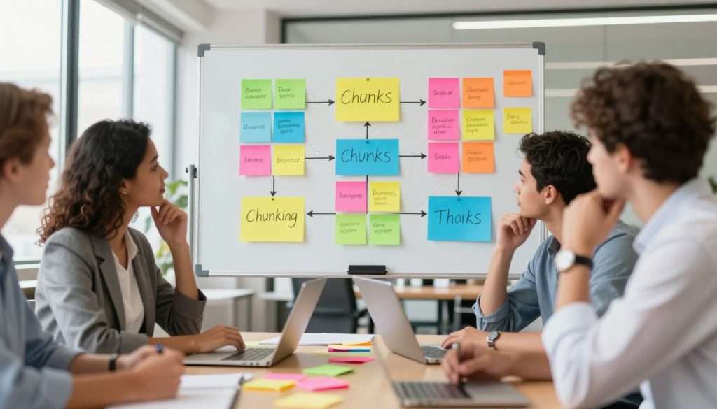A visually engaging depiction of the chunking technique for memory enhancement. In the foreground, showcase a diverse group of individuals, including a confident woman in professional attire and a thoughtful man in smart-casual clothing, both engaged in a collaborative brainstorming session over a table scattered with colorful sticky notes. In the middle ground, illustrate a large, vivid diagram on a whiteboard, visually depicting grouped concepts and ideas using blocks to represent chunks of information. The background should feature a bright, modern office space with large windows letting in natural light, creating an upbeat and focused atmosphere. Use a warm color palette to evoke creativity and inspiration, with a slightly blurred depth of field to emphasize the central group and their dynamic interaction.