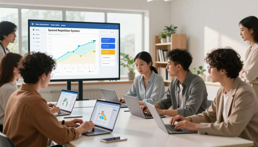 A visually engaging illustration of a Spaced Repetition System for memory enhancement. In the foreground, a diverse group of professionals, depicted in smart casual attire, are gathered around a sleek, modern table, using digital devices to interact with spaced repetition software. The middle ground features a large digital display showing colorful graphs and flashcards representing different learning intervals. In the background, a bright, well-lit study room with large windows allowing natural light to pour in, filled with bookshelves and plants. The atmosphere is focused and collaborative, conveying a sense of innovation in learning techniques. Soft, warm lighting highlights the faces of the individuals, enhancing the mood of concentration and discovery.
