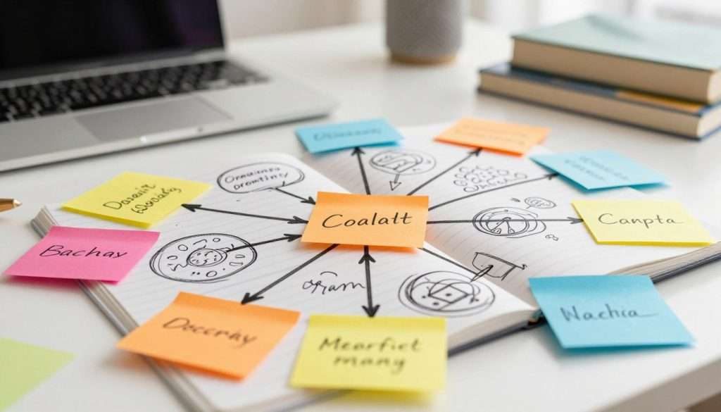 A visually engaging mind map illustration depicting complex topics. In the foreground, vibrant sticky notes in various colors are connected with bold lines, showcasing key concepts and ideas. The middle layer features an open notebook with hand-drawn doodles and arrows pointing to related themes, emphasizing creativity and organization. In the background, a softly blurred study environment with a well-lit desk, a laptop, and books creates a warm, inviting atmosphere. The lighting should be bright but diffused, simulating daylight for a productive feel. Capture a sense of exploration and understanding, inspiring viewers to harness mind mapping for effective studying without any text or distractions in the image. A visually engaging mind map illustration depicting complex topics. In the foreground, vibrant sticky notes in various colors are connected with bold lines, showcasing key concepts and ideas. The middle layer features an open notebook with hand-drawn doodles and arrows pointing to related themes, emphasizing creativity and organization. In the background, a softly blurred study environment with a well-lit desk, a laptop, and books creates a warm, inviting atmosphere. The lighting should be bright but diffused, simulating daylight for a productive feel. Capture a sense of exploration and understanding, inspiring viewers to harness mind mapping for effective studying without any text or distractions in the image.