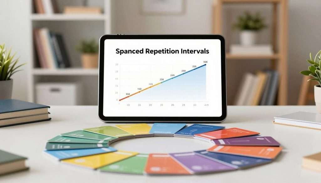 A visually engaging representation of "Spaced Repetition Intervals," showcasing a layered design. In the foreground, a modern desk with neatly organized study materials, including colorful flashcards arranged in a circular pattern, symbolizing various intervals. The middle ground features a digital tablet displaying a graphical timeline with ascending intervals highlighted, representing spaced repetition techniques. In the background, a softly lit bookshelf filled with educational resources and plants adds depth, conveying a studious atmosphere. The scene is illuminated by warm, natural lighting, creating a welcoming and focused mood, with a shallow depth of field to emphasize the foreground elements. The overall composition should inspire curiosity and clarity about the concept of spaced repetition, without any text or distractions. A visually engaging representation of "Spaced Repetition Intervals," showcasing a layered design. In the foreground, a modern desk with neatly organized study materials, including colorful flashcards arranged in a circular pattern, symbolizing various intervals. The middle ground features a digital tablet displaying a graphical timeline with ascending intervals highlighted, representing spaced repetition techniques. In the background, a softly lit bookshelf filled with educational resources and plants adds depth, conveying a studious atmosphere. The scene is illuminated by warm, natural lighting, creating a welcoming and focused mood, with a shallow depth of field to emphasize the foreground elements. The overall composition should inspire curiosity and clarity about the concept of spaced repetition, without any text or distractions.