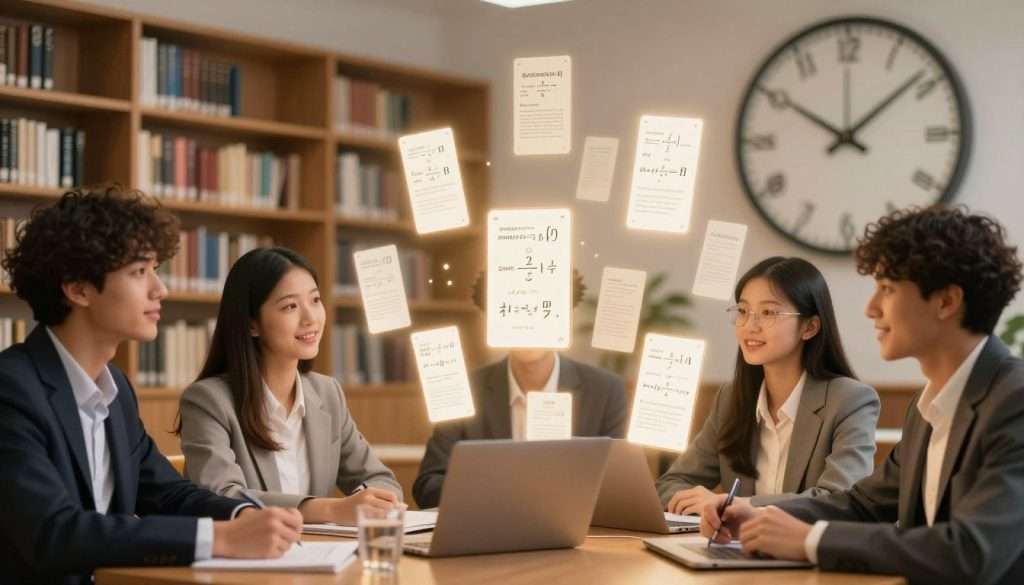 A visually engaging representation of spaced repetition for optimal learning retention. In the foreground, a diverse group of students, dressed in professional business attire, intently interacting with floating, glowing flashcards that display various subjects like math, history, and science, indicating the process of spaced repetition. The middle ground features a soft, blurred library setting with shelves filled with books and study materials, creating an atmosphere of focused study. The background includes a large clock with its hands rotating, symbolizing time management and effective learning. The lighting is warm and inviting, casting a soft glow on the students, highlighting concentration and engagement. The image should evoke a sense of clarity, purpose, and innovation in learning strategies.