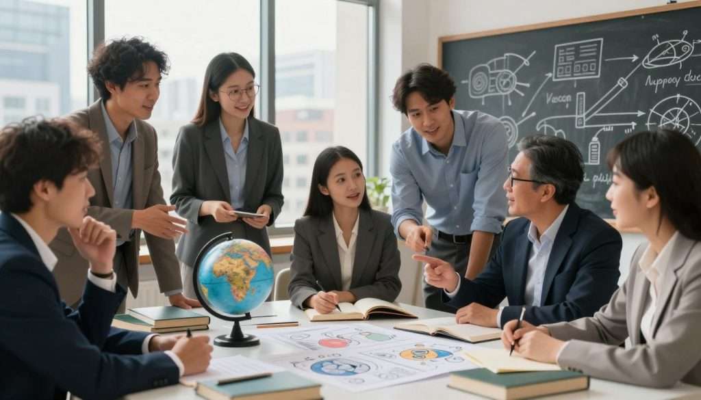 A visually engaging scene illustrating the concept of making complex topics relatable. In the foreground, a diverse group of professionals, dressed in business attire, are gathered around a large table cluttered with everyday objects like books, a globe, and a chalkboard filled with diagrams; they are animatedly discussing and pointing at simplified infographics. In the middle ground, soft lighting casts a warm, inviting atmosphere, enhancing the sense of collaboration and curiosity. In the background, a large window reveals a cityscape, signifying the connection between complex ideas and daily life. The composition is shot from a slight angle to emphasize interaction, with a focus on expressions of curiosity and enlightenment among the individuals. The overall mood is optimistic and inspiring, fostering a sense of exploration and understanding. A visually engaging scene illustrating the concept of making complex topics relatable. In the foreground, a diverse group of professionals, dressed in business attire, are gathered around a large table cluttered with everyday objects like books, a globe, and a chalkboard filled with diagrams; they are animatedly discussing and pointing at simplified infographics. In the middle ground, soft lighting casts a warm, inviting atmosphere, enhancing the sense of collaboration and curiosity. In the background, a large window reveals a cityscape, signifying the connection between complex ideas and daily life. The composition is shot from a slight angle to emphasize interaction, with a focus on expressions of curiosity and enlightenment among the individuals. The overall mood is optimistic and inspiring, fostering a sense of exploration and understanding.
